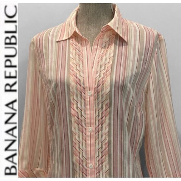 Banana Republic Striped Pleated Button-Down Shirt Size Large Pink White Classic - Picture 1 of 16